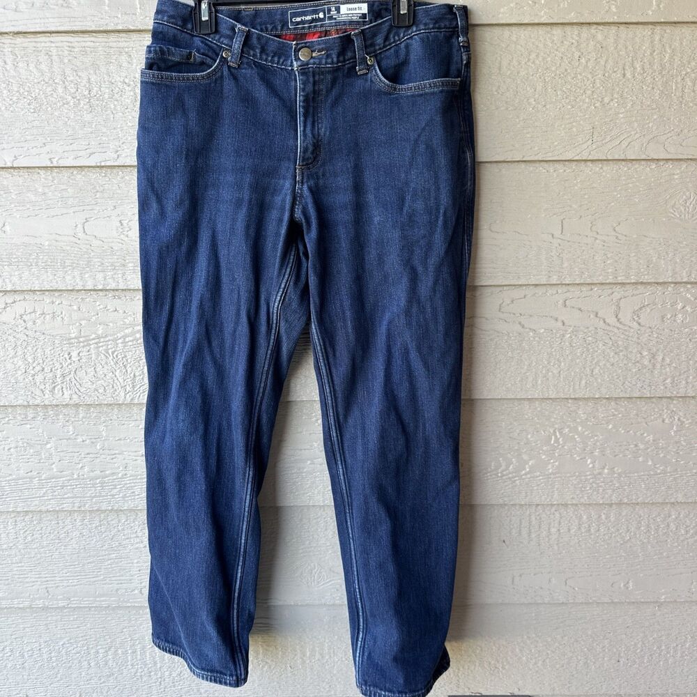 Carhartt Blaine Red Flannel Lined Jeans Womens 14 Short Blue Loose Fit Dark Wash